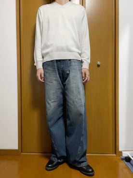 「WYM LIDNM（ウィム バイ リドム）のSILK BLEND V-NECK KNIT（ニット/セーター、ホワイト系）」を使った、こうへいさん（メンズ・181cm）の春コーディネート