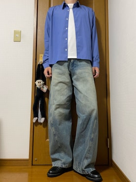 「WYM LIDNM（ウィム バイ リドム）のMICRO SPAN CROPPED SHIRT（シャツ/ブラウス、ブルー系）」を使った、こうへいさん（メンズ・181cm）の春コーディネート