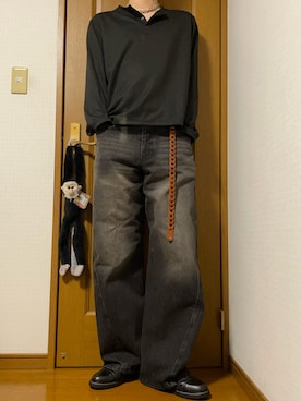「WYM LIDNM（ウィム バイ リドム）のREFINED WAFFLE HENLEY NECK L/S TEE（Tシャツ/カットソー、ブラック系）」を使った、こうへいさん（メンズ・181cm）の春コーディネート