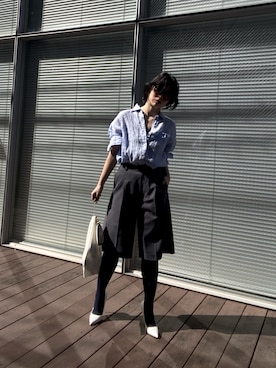 「MICA&DEAL（マイカ＆ディール）のウォッシュドリネンシャツ（シャツ/ブラウス、ブルー系）」を使った、SAY.さん（レディース・158cm）の夏コーディネート