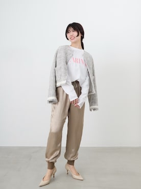 「ジョガーパンツ」｜「アイテム（ノーカラージャケット）」を使った、SAY.さん（レディース・158cm）の冬コーディネート