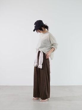 「MICA&DEAL（マイカ＆ディール）のシアーワイドパンツ〈2サイズ展開〉〈セットアップ対応〉（その他パンツ、ブラウン系）」を使った、SAY.さん（レディース・158cm）の夏コーディネート