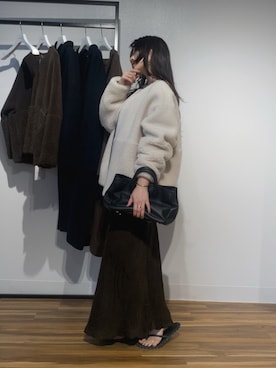 「MICA&DEAL（マイカ＆ディール）のリバーシブルノーカラーボアコート（その他アウター、ホワイト系）」を使った、SAY.さん（レディース・158cm）の秋コーディネート
