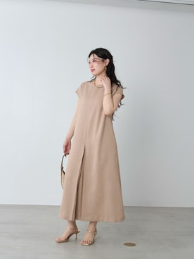 「MICA&DEAL（マイカ＆ディール）のリネンライクタックワンピース（ワンピース、ベージュ系）」を使った、SAY.さん（レディース・158cm）の夏コーディネート