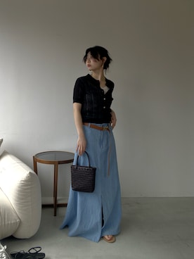 「MICA&DEAL（マイカ＆ディール）の透かし柄ポロニット（ニット/セーター、ブラック系）」を使った、SAY.さん（レディース・158cm）の夏コーディネート
