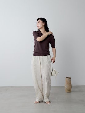 「MICA&DEAL（マイカ＆ディール）のワイドコクーンイージーパンツ〈2サイズ展開〉（その他パンツ、ベージュ系）」を使った、SAY.さん（レディース・158cm）の夏コーディネート