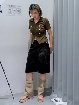 「3.3 Field Trip （3.3フィールドトリップ）の3.3 Field Trip／ラップデザインハーフパンツ（その他パンツ、ブラック系）」を使った、シラベさん（レディース・163cm）の夏コーディネート