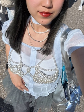 「3.3 Field Trip （3.3フィールドトリップ）の3.3 Field Trip／ストール付きスクエアネックパフブラウス（シャツ/ブラウス、ブルー系）」を使った、シラベさん（レディース・163cm）の春コーディネート