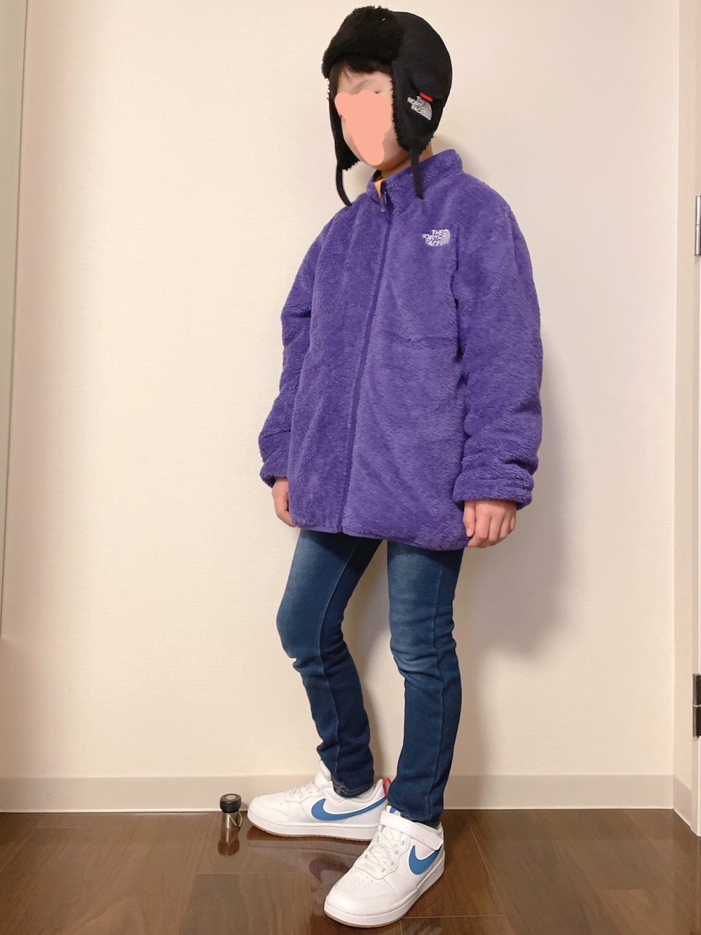 「ザノースフェイス、ノースフェイス、ナイキ、ブリーズ、フライトキャップ」｜「THE NORTH FACEのアイテム（ジャケット/アウター、パープル系）」を使った、kotakotaさん（キッズ・131cm）の冬コーディネートの1枚目の写真