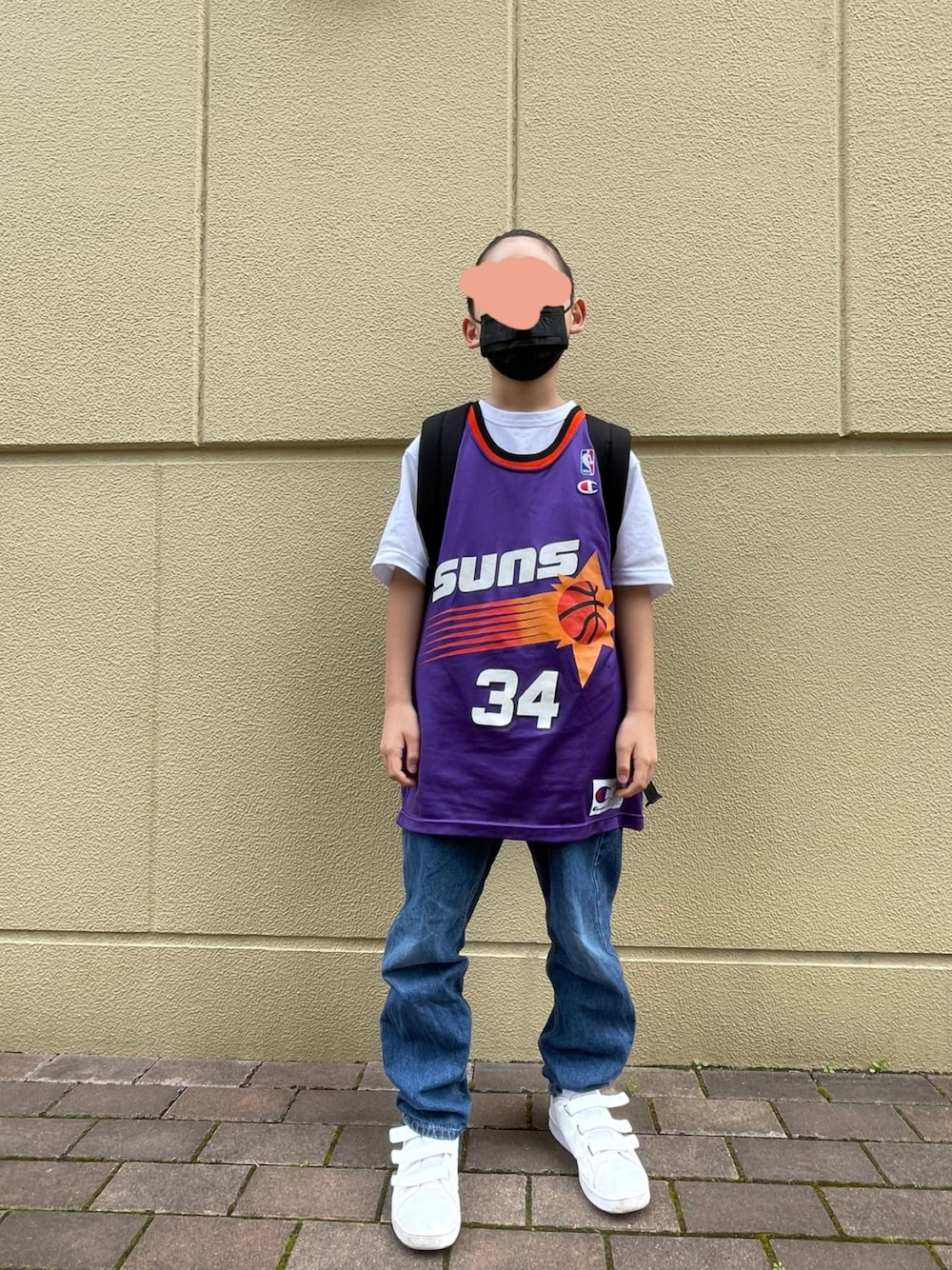「ゲームシャツ、バスケタンク、デニムパンツ、ノーティカ、チャンピオン、アディダス、ストリート、デニムっていいよね」｜「Championのアイテム（トップス、パープル系）」を使った、kotakotaさん（キッズ・135cm）の夏コーディネートの1枚目の写真
