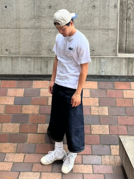 「HUF（ハフ）のEXPRESSION DENIM BAGGY SHORT（デニムパンツ、ブルー系）」を使った、HUF JAPANさん（レディース・163cm）の夏コーディネート