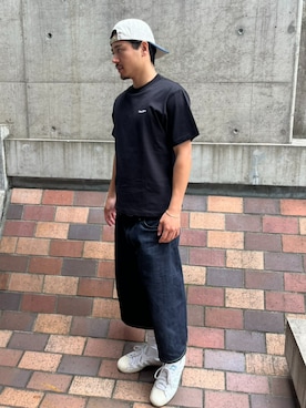 「HUF（ハフ）のEXPRESSION DENIM BAGGY SHORT（デニムパンツ、ブルー系）」を使った、HUF JAPANさん（レディース・163cm）の夏コーディネート