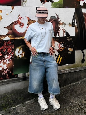 「HUF（ハフ）のEXPRESSION WASHED DENIM BAGGY SHORT（デニムパンツ、ブルー系）」を使った、HUF JAPANさん（レディース・163cm）の夏コーディネート