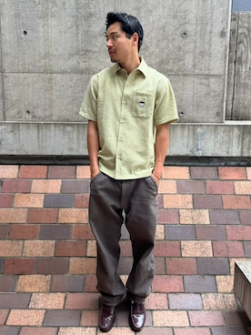 「HUF（ハフ）のBIG BLOCK STRIPED SHIRT（シャツ/ブラウス、グリーン系）」を使った、HUF JAPANさん（レディース・163cm）の夏コーディネート