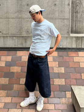 「HUF（ハフ）のEXPRESSION DENIM BAGGY SHORT（デニムパンツ、ブルー系）」を使った、HUF JAPANさん（レディース・163cm）の夏コーディネート