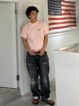 「HUF（ハフ）のEXPRESSION REPAIR DENIM PANT（デニムパンツ、ブラック系）」を使った、HUF JAPANさん（レディース・163cm）の夏コーディネート
