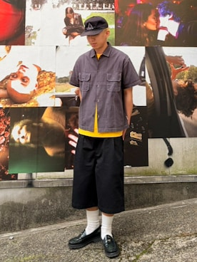 「HUF（ハフ）のSORTA LONG CHINO SHORT（Chinos、ブラック系）」を使った、HUF JAPANさん（メンズ・172cm）の春コーディネート
