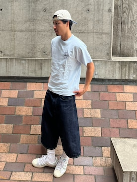 「HUF（ハフ）のEXPRESSION DENIM BAGGY SHORT（デニムパンツ、ブルー系）」を使った、HUF JAPANさん（レディース・163cm）の夏コーディネート