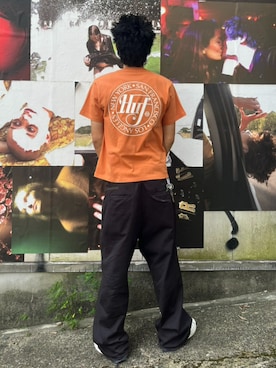 「HUF（ハフ）のHUF TWO TUCK TROUSER（その他パンツ、ブラック系）」を使った、HUF JAPANさん（レディース・163cm）の夏コーディネート