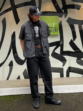 「HUF（ハフ）のUTILITY NYLON SHEER SHIRT（シャツ/ブラウス、ブラック系）」を使った、HUF JAPANさん（レディース・163cm）の夏コーディネート