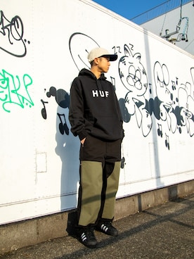 「HUF（ハフ）のアイテム（キャップ）」を使った、HUF JAPANさん（メンズ・165cm）の春コーディネート