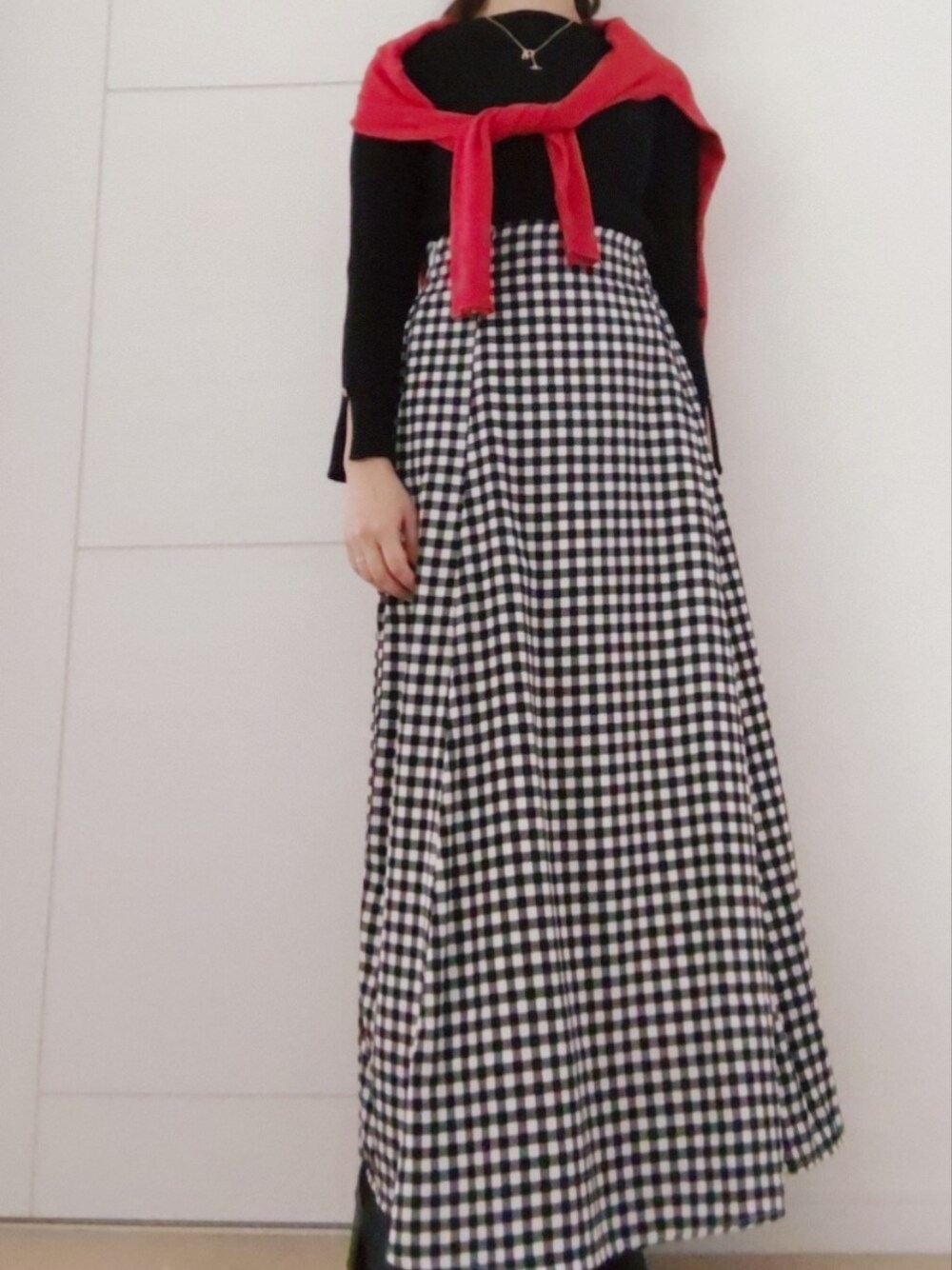 「春、オトナ女子、低身長、低身長コーデ、低身長女子、145cm、145cmコーデ、ギンガムチェック、ギンガムチェックスカート、骨格ウェーブ、赤カーディガン、モノトーン、30代」｜「KOBE LETTUCEの【低身長向けSサイズあり】ハイウエストロングフレアスカート（スカート、ブラック系）」を使った、minicocochan【相互フォロー】さん（レディース・145cm）の冬コーディネートの1枚目の写真
