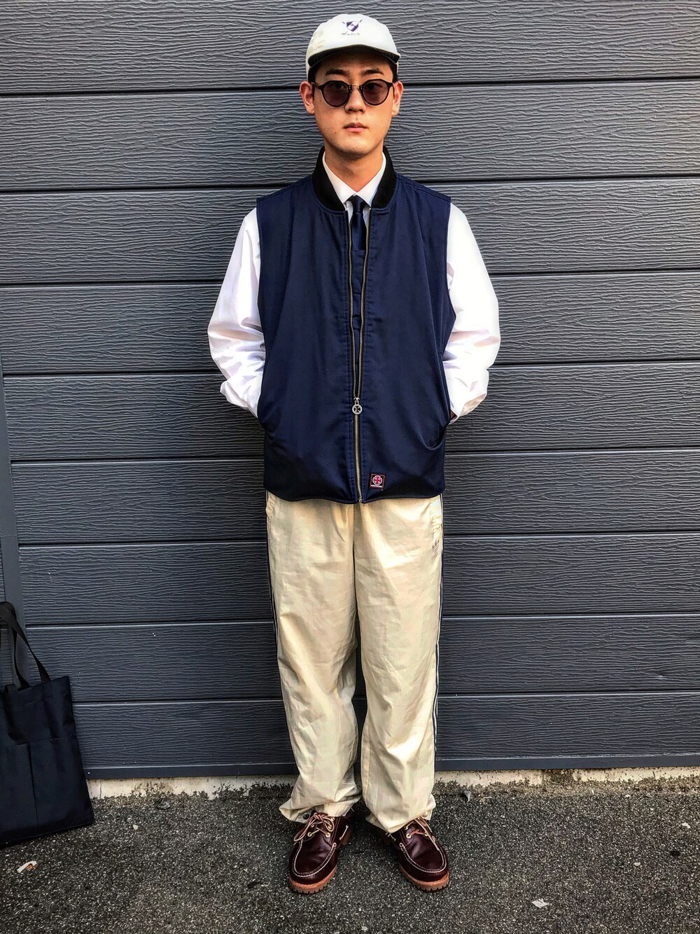 「秋、秋服、お洒落さんとつながりたい、古着、古着MIX、古着コーデ、古着好きな人と繋がりたい、古着男子」｜「Timberlandの【Timberland(ティンバーランド)】3INモカシン（モカシン/デッキシューズ、ブラウン系）」を使った、seanipさん（メンズ・176cm）の秋コーディネートの1枚目の写真