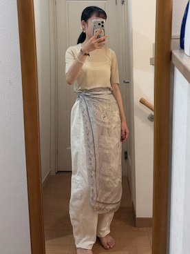 「自作のアイテム（パンツ、ホワイト系）」を使った、こことさん（レディース・152cm）の夏コーディネート