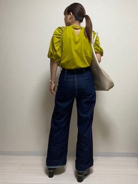 「AZUL by moussy（アズールバイマウジー）のDARTS DENIM WIDE Ⅱ/ダーツデニムワイドⅡ（デニムパンツ、ブラック系）」を使った、YOuさん（レディース・158cm）の夏コーディネート