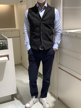 「TOKYO SHIRTS（トウキョウシャツ）のストライプ 前身カットラペル　ニットジ（ベスト）」を使った、BRICK HOUSE by Tokyo Shirts 泉パークタウン・タピオ店さん（メンズ・170cm）の冬コーディネート