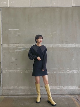 「EMODA（エモダ）のトラックソールロングブーツ（ブーツ）」を使った、中村友美さん（レディース・164cm）の秋コーディネート