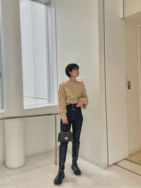 「EMODA（エモダ）のトラックソールロングブーツ（ブーツ）」を使った、中村友美さん（レディース・164cm）の秋コーディネート