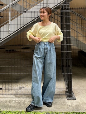 「Ungrid（アングリッド）のウエストタックカーブデニム（デニムパンツ）」を使った、梅野夏帆さん（レディース・158cm）の春コーディネート