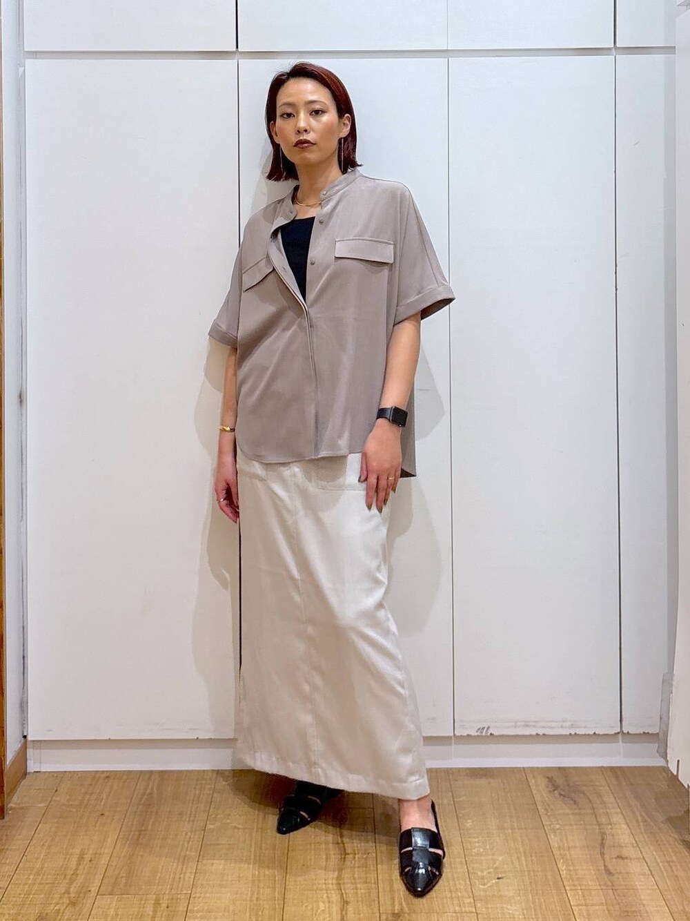 「高見え、高身長、ママコーデ、骨格ストレート、GLOBAL WORK、着痩せ・細見え、体型カバー」｜「GLOBAL WORKのBeauteeスクエアタンク/289845（タンクトップ、ブラック系）」を使った、ココさん（レディース・165cm）の春コーディネートの1枚目の写真