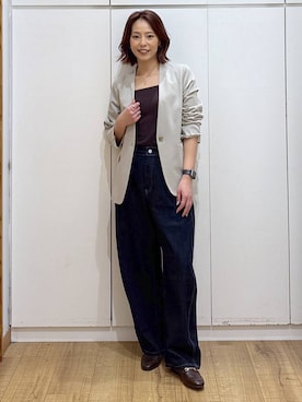 「GLOBAL WORK（グローバルワーク）のアイテム（ノーカラージャケット）」を使った、ココさん（レディース・165cm）の春コーディネート