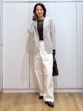 「GLOBAL WORK（グローバルワーク）のアイテム（ノーカラージャケット）」を使った、ココさん（レディース・165cm）の春コーディネート