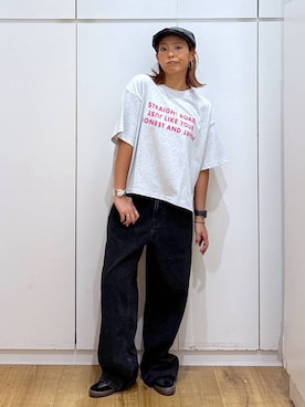 「GLOBAL WORK（グローバルワーク）のGOODデニムバギーパンツ/498388（デニムパンツ）」を使った、ココさん（レディース・165cm）の夏コーディネート