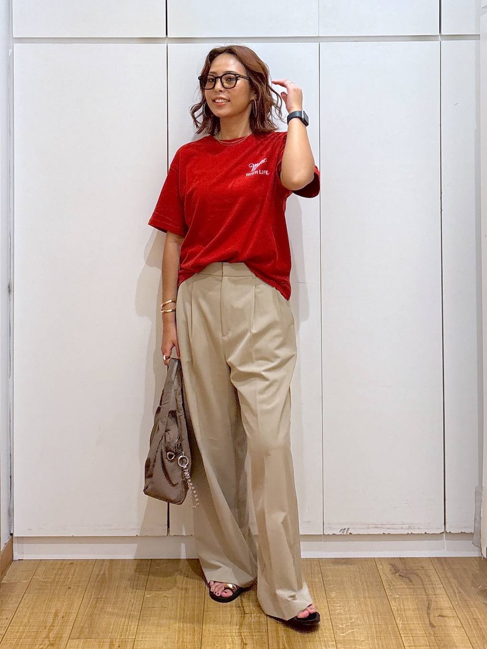 「体型カバー、高見え、高身長、ママコーデ、骨格ストレート、GLOBAL WORK、着痩せ・細見え、and STセール」｜「GLOBAL WORKのUVカットアソートサングラス/283830（サングラス、ブラウン系）」を使った、ココさん（レディース・165cm）の夏コーディネートの1枚目の写真