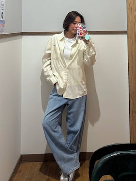 「GLOBAL WORK（グローバルワーク）のGOODデニムバギーパンツ/498388（デニムパンツ）」を使った、ココさん（レディース・165cm）の秋コーディネート