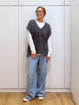 「GLOBAL WORK（グローバルワーク）のGOODデニムバギーパンツ/498388（デニムパンツ）」を使った、ココさん（レディース・165cm）の秋コーディネート