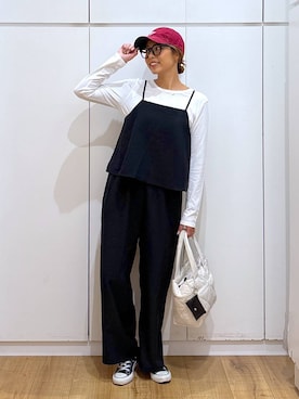 「アイテム（オールインワン・サロペット）」を使った、ココさん（レディース・165cm）の秋コーディネート
