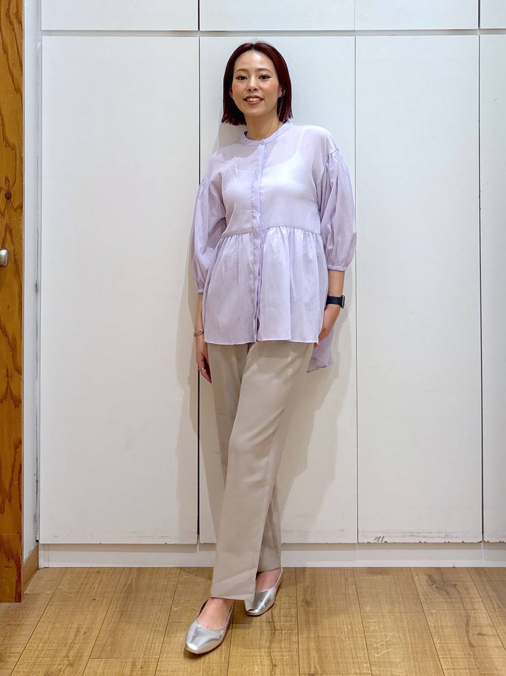 「体型カバー、高見え、高身長、ママコーデ、骨格ストレート、GLOBAL WORK、着痩せ・細見え」｜「GLOBAL WORKのパールビスチェ/115641（ベスト、ホワイト系）」を使った、ココさん（レディース・165cm）の春コーディネートの1枚目の写真