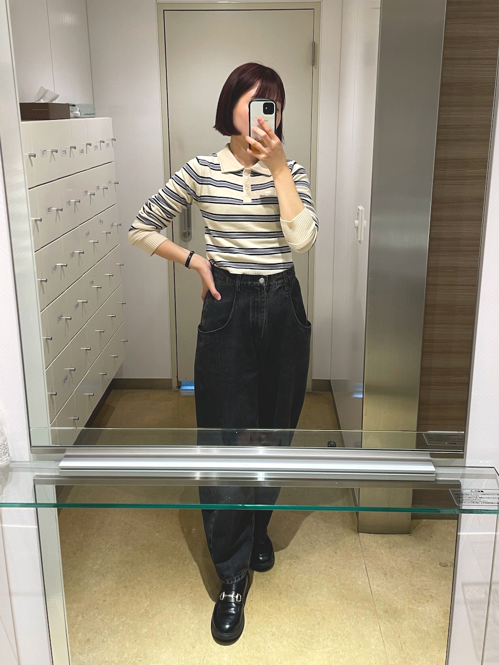 「Chicoのレイヤード襟付きニットポロ（ニット/セーター、ホワイト系）」を使った、ukさん（レディース・166cm）の春コーディネートの1枚目の写真
