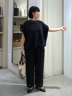「Elura（エルーラ）のサラサラサマーギャザーパンツ/451127（その他パンツ、ブラック系）」を使った、yamapii3さん（レディース・150cm）の夏コーディネート