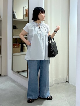 「Elura（エルーラ）のリネン混ストレッチデニム/670379（デニムパンツ、ブルー系）」を使った、yamapii3さん（レディース・150cm）の夏コーディネート