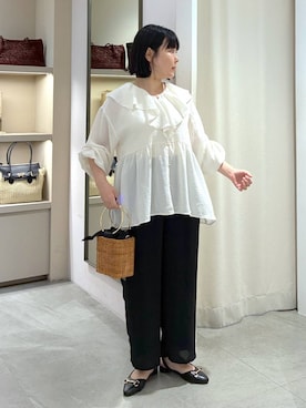 「Elura（エルーラ）のサラサラサマーギャザーパンツ/451127（その他パンツ、ブラック系）」を使った、yamapii3さん（レディース・150cm）の夏コーディネート