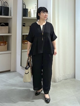 「Elura（エルーラ）のサラサラサマーギャザーパンツ/451127（その他パンツ、ブラック系）」を使った、yamapii3さん（レディース・150cm）の夏コーディネート