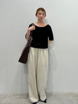 「select MOCA（セレクトモカ）のバレエネックランダムリブラメシアーニット（ニット/セーター、ブラック系）」を使った、momokaさん（レディース・158cm）の夏コーディネート
