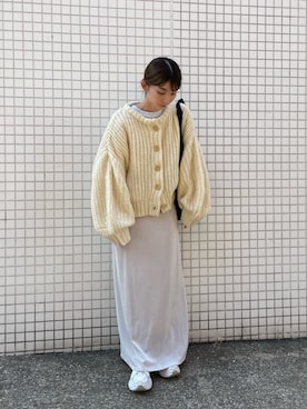 「select MOCA by son（セレクトモカバイソン）のボリュームスリーブオーバーカーディガン（カーディガン/ボレロ）」を使った、momokaさん（レディース・158cm）の夏コーディネート