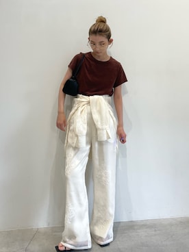 「select MOCA by son（セレクトモカバイソン）のフラワーエンブロイダリーシアーオーバーサイズシャツ【セットアップ対応】【by SON】（シャツ/ブラウス）」を使った、momokaさん（レディース・158cm）の夏コーディネート